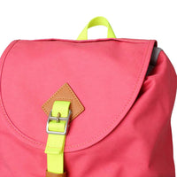 Pink Canvas Backpack - Tan Leather Patch, Neon Green Strap & Top Handle Detail View