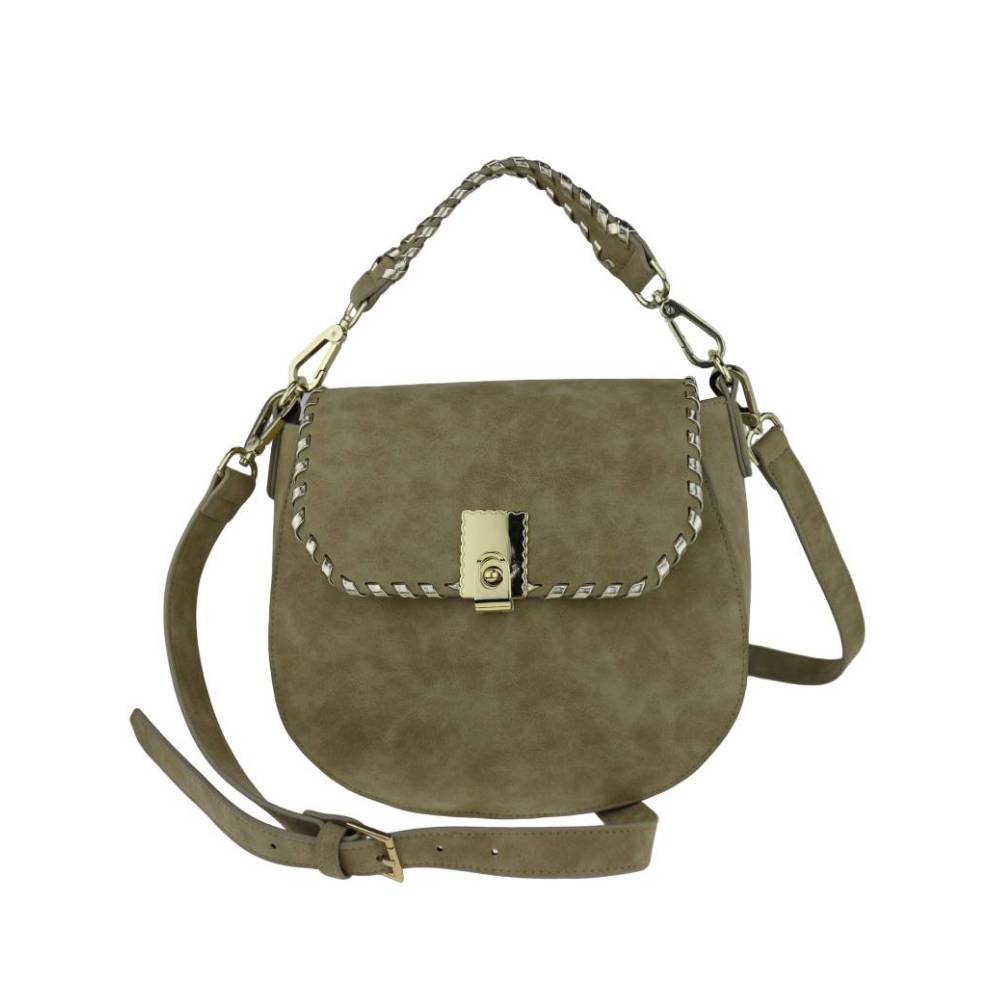 Olive Green Suede Saddle Bag with Convertible Straps - Full Front View