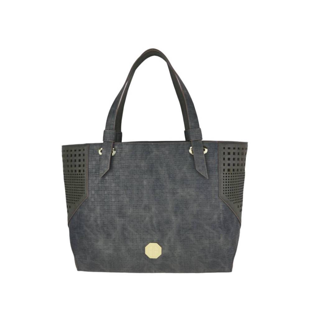 Dark Grey Tote Bag with Perforated Side Panels & Gold Emblem - Full Front View