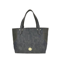 Dark Grey Tote Bag with Perforated Side Panels & Gold Emblem - Full Front View
