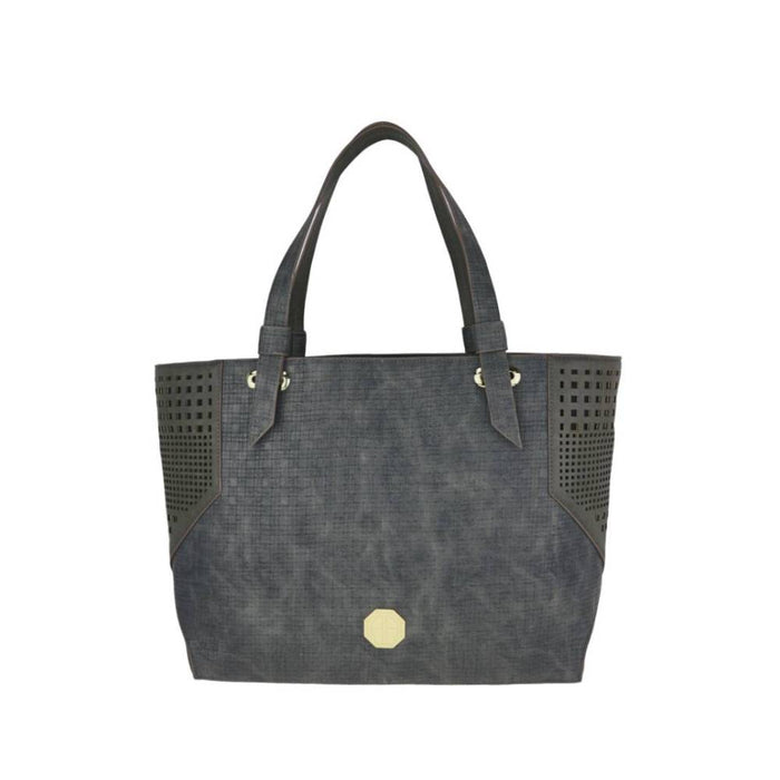 Dark Grey Tote Bag with Perforated Side Panels & Gold Emblem - Full Front View