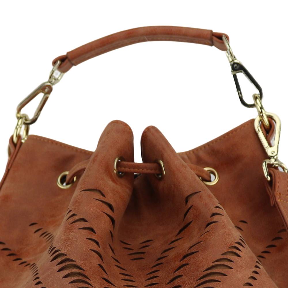Tan Bucket Bag - Drawstring Closure & Top Handle Hardware Detail View