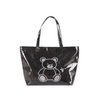 Black Patent Leather Tote Bag with Teddy Bear Graphic - Full Front View