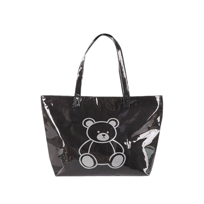 Black Patent Leather Tote Bag with Teddy Bear Graphic - Full Front View