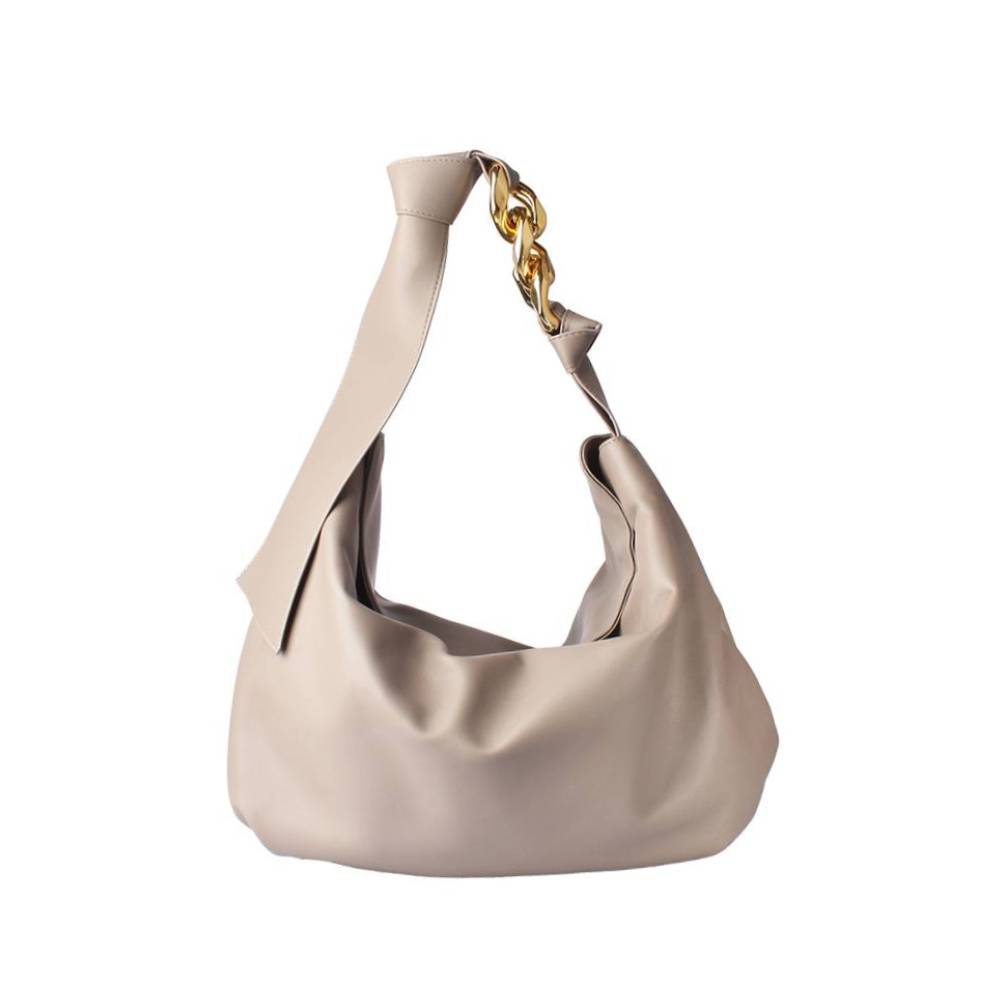 Beige Faux Leather Hobo Bag with Oversized Gold Chain - Full Front View
