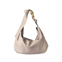 Beige Faux Leather Hobo Bag with Oversized Gold Chain - Full Front View