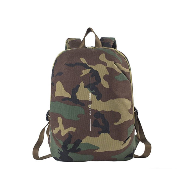 Woodland Camouflage Backpack with Branding Detail - Full Front View