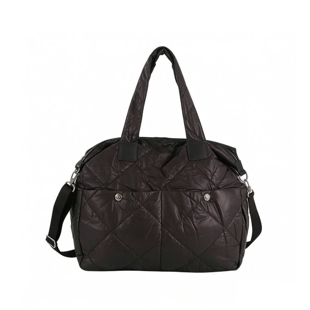 Black Quilted Padded Tote Bag with Front Pockets - Full Front View