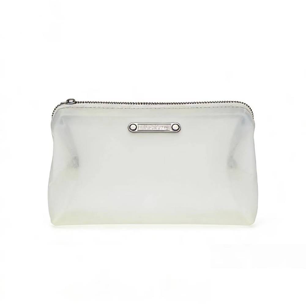 Front view of a white frosted translucent zippered pouch with polished silver metal hardware and a decorative nameplate tag, featuring a sleek rectangular design.