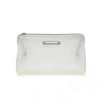 Front view of a white frosted translucent zippered pouch with polished silver metal hardware and a decorative nameplate tag, featuring a sleek rectangular design.
