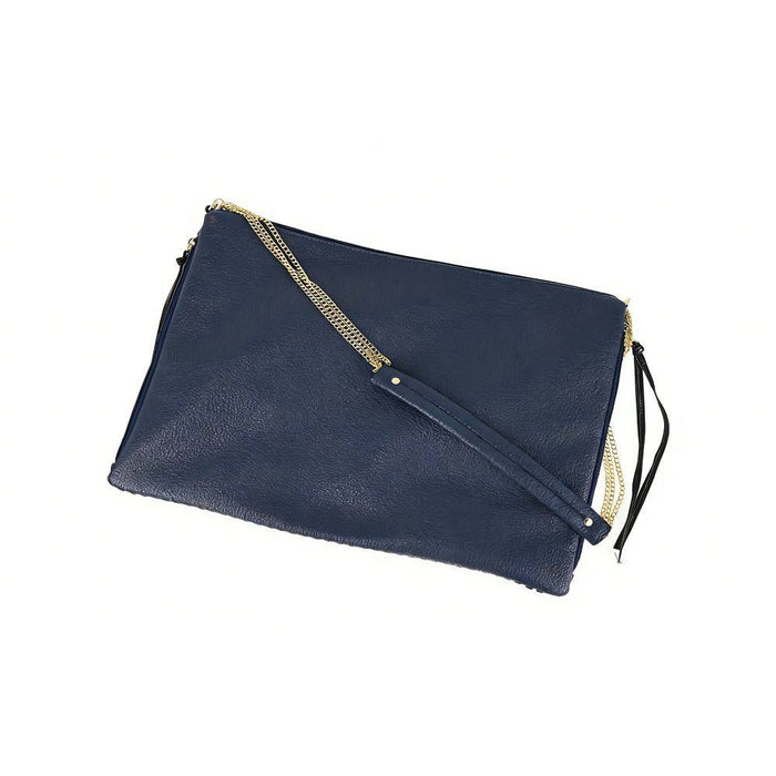 Angled view of navy blue large clutch bag with dual gold chain straps and leather handles, showing spacious rectangular shape.