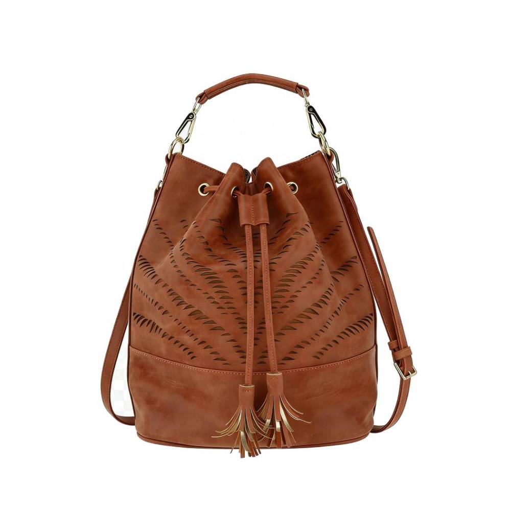 Brown leather bucket bag with laser-cut wave patterns, drawstring closure, and tassel accents, versatile shoulder bag for wholesale.