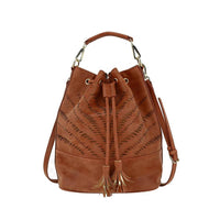 Brown leather bucket bag with laser-cut wave patterns, drawstring closure, and tassel accents, versatile shoulder bag for wholesale.