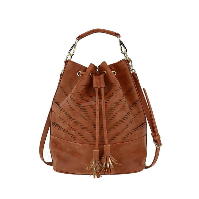Brown leather bucket bag with laser-cut wave patterns, drawstring closure, and tassel accents, versatile shoulder bag for wholesale.