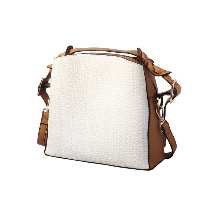White Woven Bucket Bag with Tan Leather Trim - Front Angle